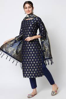 Navy-blue jacquard cotton silk Kurta Pant With Dupatta