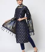 Navy-blue jacquard cotton silk Kurta Pant With Dupatta