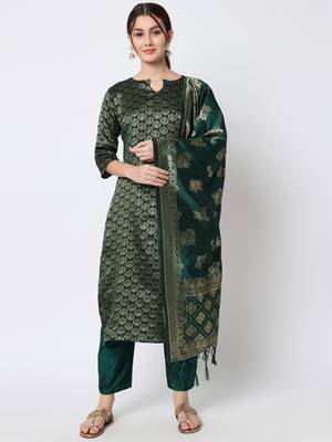 Dark-green jacquard cotton silk Kurta Pant With Dupatta 1