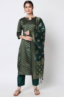 Dark-green jacquard cotton silk Kurta Pant With Dupatta