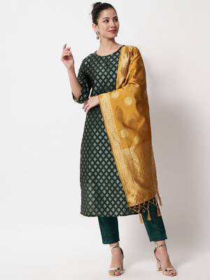 Dark-green jacquard cotton silk Kurta Pant With Dupatta 1