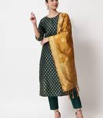 Dark-green jacquard cotton silk Kurta Pant With Dupatta