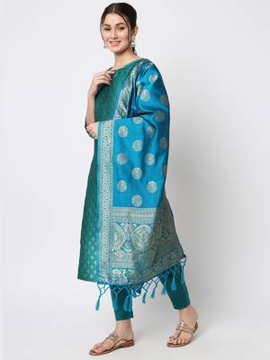 Aqua-blue jacquard cotton silk Kurta Pant With Dupatta 1
