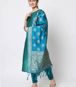 Aqua-blue jacquard cotton silk Kurta Pant With Dupatta