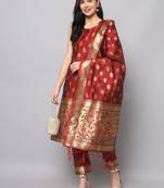 Maroon jacquard cotton silk Kurta Pant With Dupatta