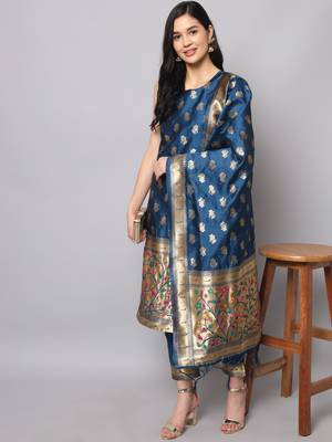 Navy-blue jacquard cotton silk Kurta Pant With Dupatta 1