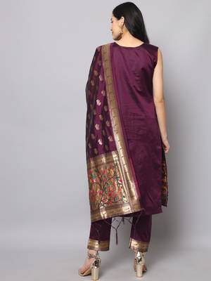 Purple jacquard cotton silk Kurta Pant With Dupatta 2