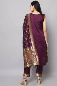 Purple jacquard cotton silk Kurta Pant With Dupatta