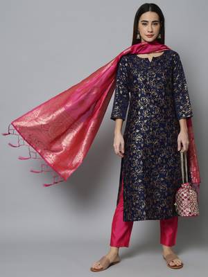 Navy-blue jacquard cotton silk Kurta Pant With Dupatta 1