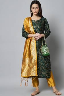 Dark-green jacquard cotton silk Kurta Pant With Dupatta