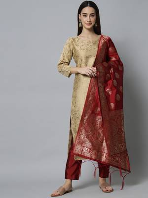 Beige jacquard cotton silk Kurta Pant With Dupatta 1
