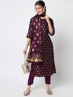 Purple jacquard cotton silk Kurta Pant With Dupatta 1
