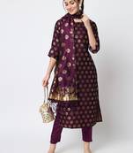 Purple jacquard cotton silk Kurta Pant With Dupatta