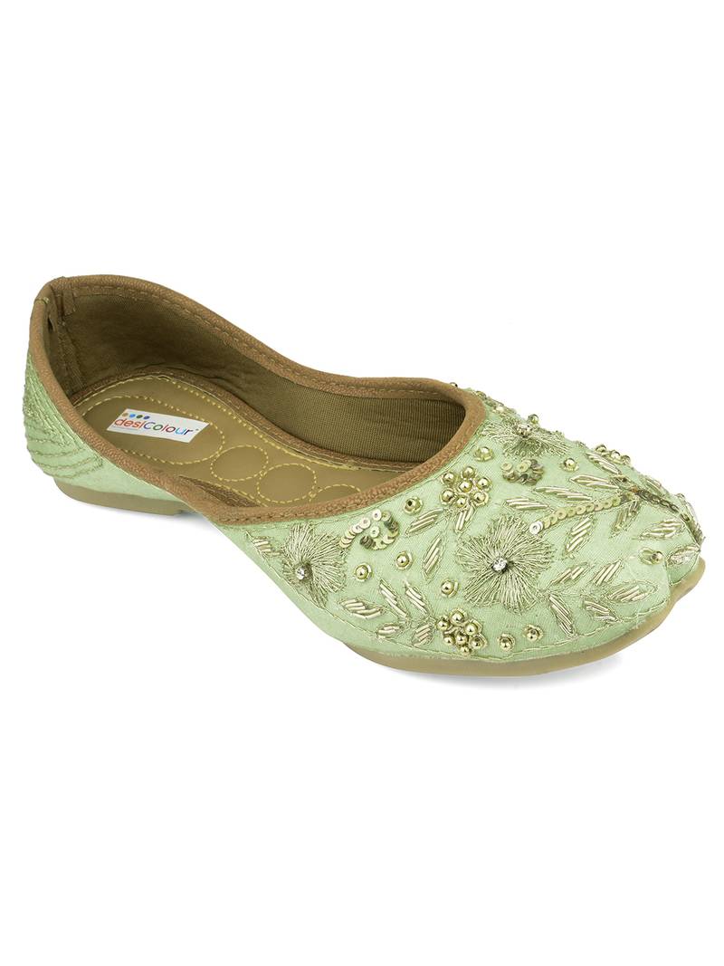 Desi Colour Hand embroidered Ethnic Party Wear Footwear-Sea Green Emb