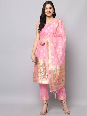Baby-pink jacquard cotton silk Kurta Pant With Dupatta 1