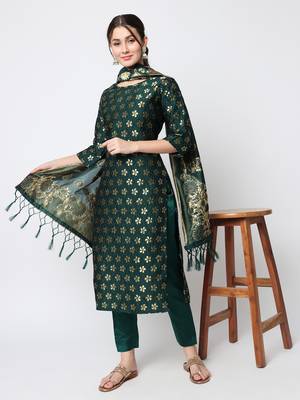 Dark-green jacquard cotton silk Kurta Pant With Dupatta 1