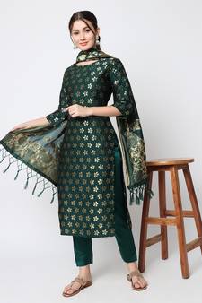 Dark-green jacquard cotton silk Kurta Pant With Dupatta