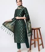 Dark-green jacquard cotton silk Kurta Pant With Dupatta