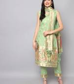 Parrot-green jacquard cotton silk Kurta Pant With Dupatta