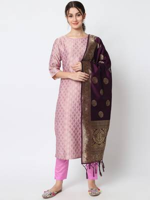 Baby-pink jacquard cotton silk Kurta Pant With Dupatta 1