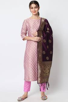 Baby-pink jacquard cotton silk Kurta Pant With Dupatta