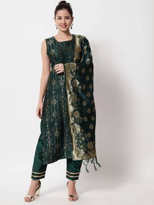 Dark-green jacquard cotton silk Kurta Pant With Dupatta 1