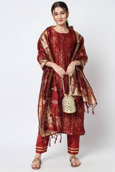 Maroon jacquard cotton silk Kurta Pant With Dupatta