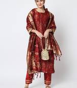 Maroon jacquard cotton silk Kurta Pant With Dupatta