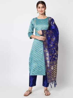 Aqua-blue jacquard cotton silk Kurta Pant With Dupatta 1