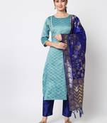 Aqua-blue jacquard cotton silk Kurta Pant With Dupatta