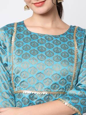 Aqua-blue jacquard cotton silk Kurta Pant With Dupatta 2