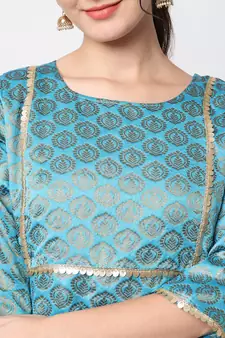 Aqua-blue jacquard cotton silk Kurta Pant With Dupatta