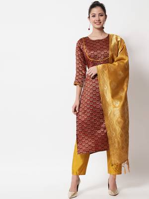 Maroon jacquard cotton silk Kurta Pant With Dupatta 1