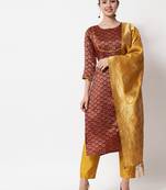 Maroon jacquard cotton silk Kurta Pant With Dupatta