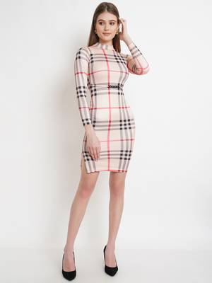 Popwings Women Check Prints Beige Knee Length Bodycon Dress 1