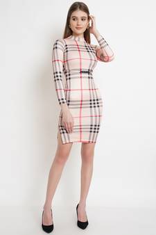 Popwings Women Check Prints Beige Knee Length Bodycon Dress