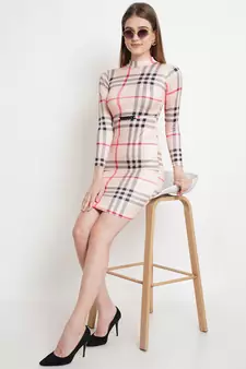 Popwings Women Check Prints Beige Knee Length Bodycon Dress