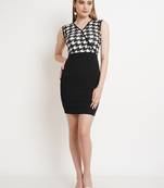 Popwings Women Black & White Sleeveless Printed Knee Length Bodycon Dress