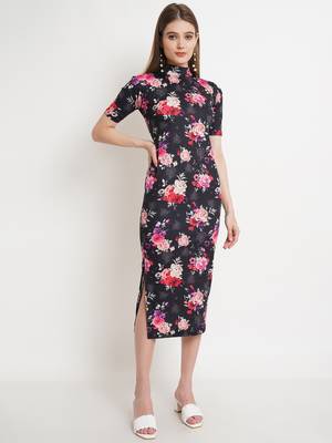 Popwings Women Black Floral Prints Turtle Neck Half Sleeve Long Maxi Dress 1