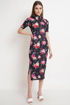 Popwings Women Black Floral Prints Turtle Neck Half Sleeve Long Maxi Dress