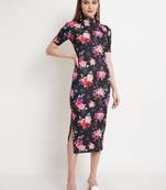 Popwings Women Black Floral Prints Turtle Neck Half Sleeve Long Maxi Dress