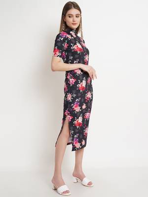 Popwings Women Black Floral Prints Turtle Neck Half Sleeve Long Maxi Dress 2