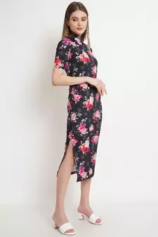 Popwings Women Black Floral Prints Turtle Neck Half Sleeve Long Maxi Dress