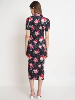 Popwings Women Black Floral Prints Turtle Neck Half Sleeve Long Maxi Dress 3