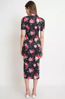 Popwings Women Black Floral Prints Turtle Neck Half Sleeve Long Maxi Dress