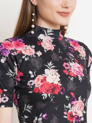 Popwings Women Black Floral Prints Turtle Neck Half Sleeve Long Maxi Dress 4