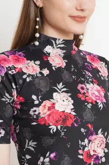 Popwings Women Black Floral Prints Turtle Neck Half Sleeve Long Maxi Dress