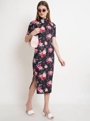 Popwings Women Black Floral Prints Turtle Neck Half Sleeve Long Maxi Dress 5