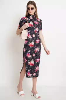Popwings Women Black Floral Prints Turtle Neck Half Sleeve Long Maxi Dress