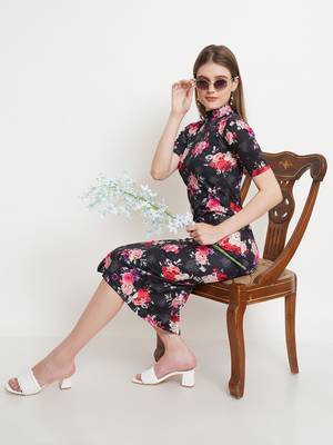 Popwings Women Black Floral Prints Turtle Neck Half Sleeve Long Maxi Dress 6